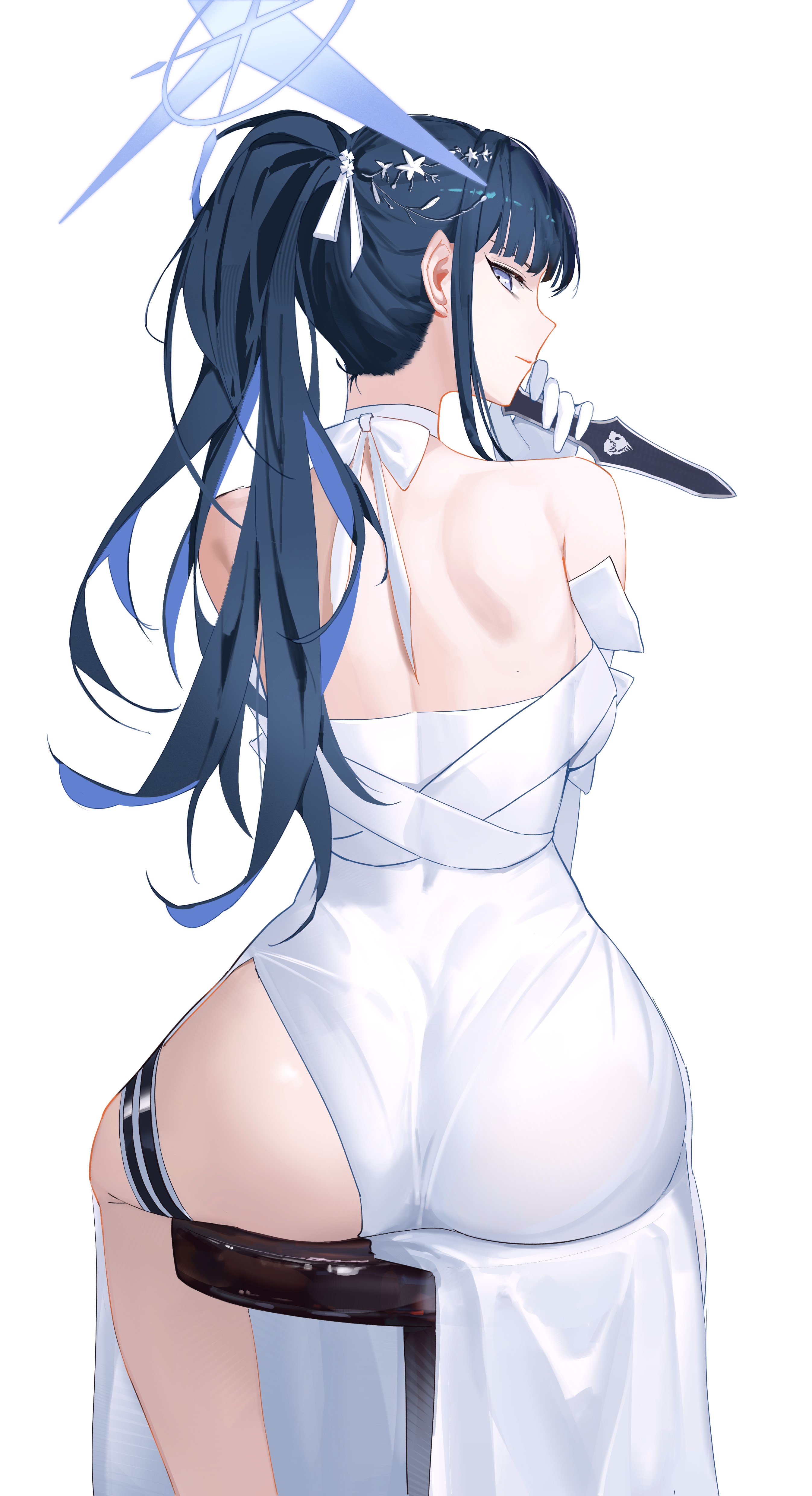 ass, blue archive, blue eyes, blue hair, blue halo, chair, closed mouth, colored inner hair, dress, elbow gloves, feet out of frame, female, from behind, gloves, hair ribbon, halo, holding knife, holding weapon, knife, long hair, looking at viewer, looking back, official alternate costume, saori (blue archive), saori (dress) (blue archive), serelith, simple background, sitting, solo, thigh strap, weapon, white background, white dress, white gloves