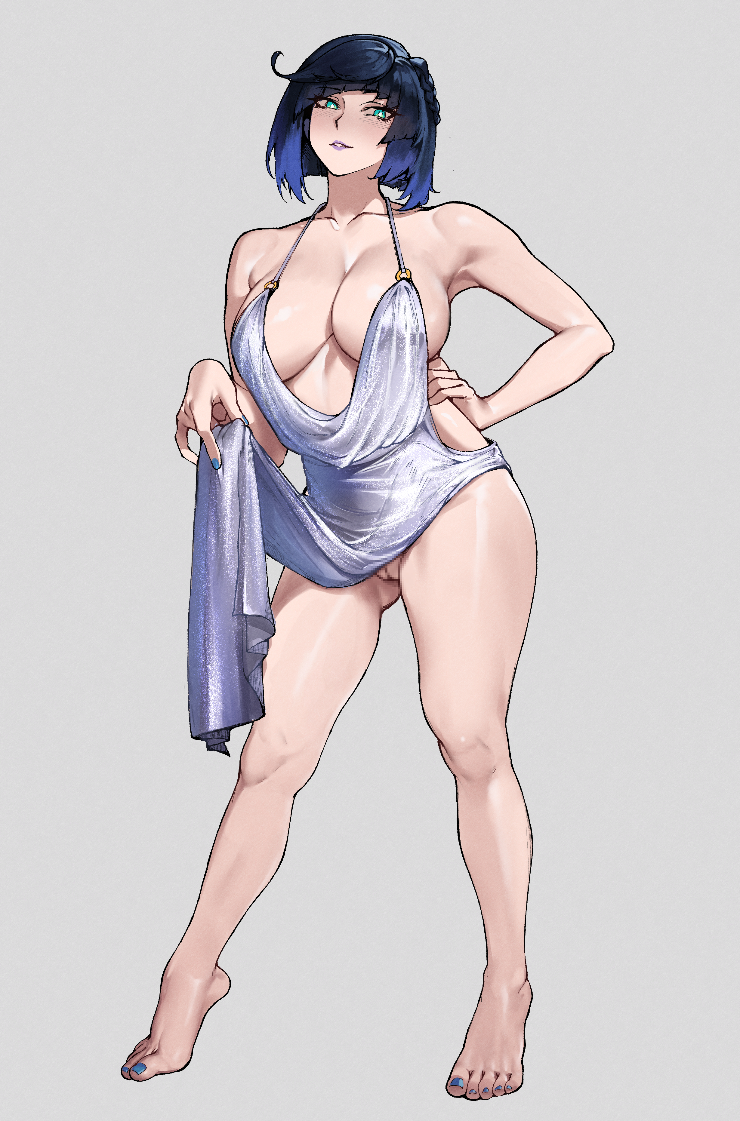 1girls, 2d, breasts, censored, cleavage, dress, female, female only, genshin impact, lifting dress, no panties, sideboob, tierla, yelan (genshin impact)