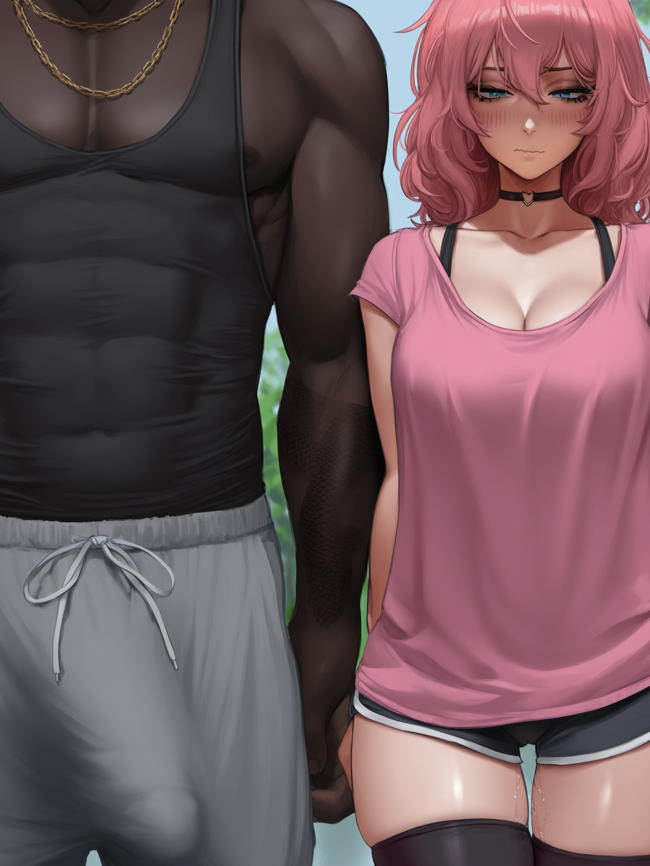 1boy 1girls ai_generated aipotions big_penis bulge dark-skinned_male dark_skin female interracial large_breasts male