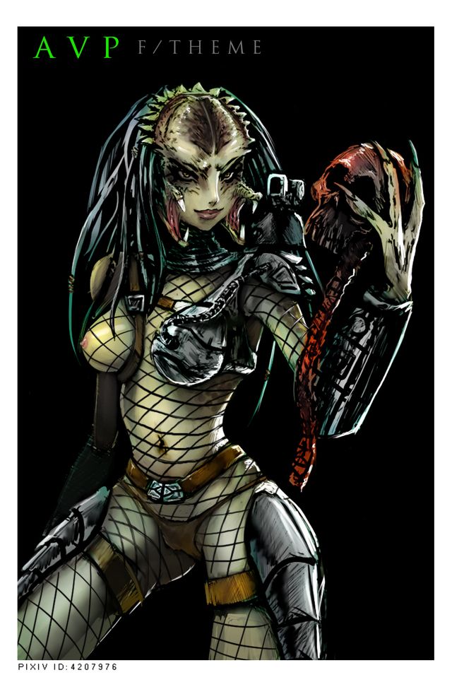 alien armor better_version_at_source breasts female female_yautja green_skin nipples predator_(franchise) skull smile solo vertebrae yautja