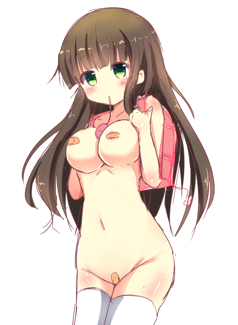 backpack bag bandaid bandaid_on_pussy bandaids_on_nipples bangs blunt_bangs blush breasts brown_hair chocolate_hair collarbone commentary_request cowboy_shot crime_prevention_buzzer eyebrows_visible_through_hair female gochuumon_wa_usagi_desu_ka? green_eyes groin hinata_yuu_(atelierhinata) large_breasts long_hair looking_at_viewer mouth_hold navel nude pasties plaster randoseru simple_background sketch solo stomach thighhighs ujimatsu_chiya white_background