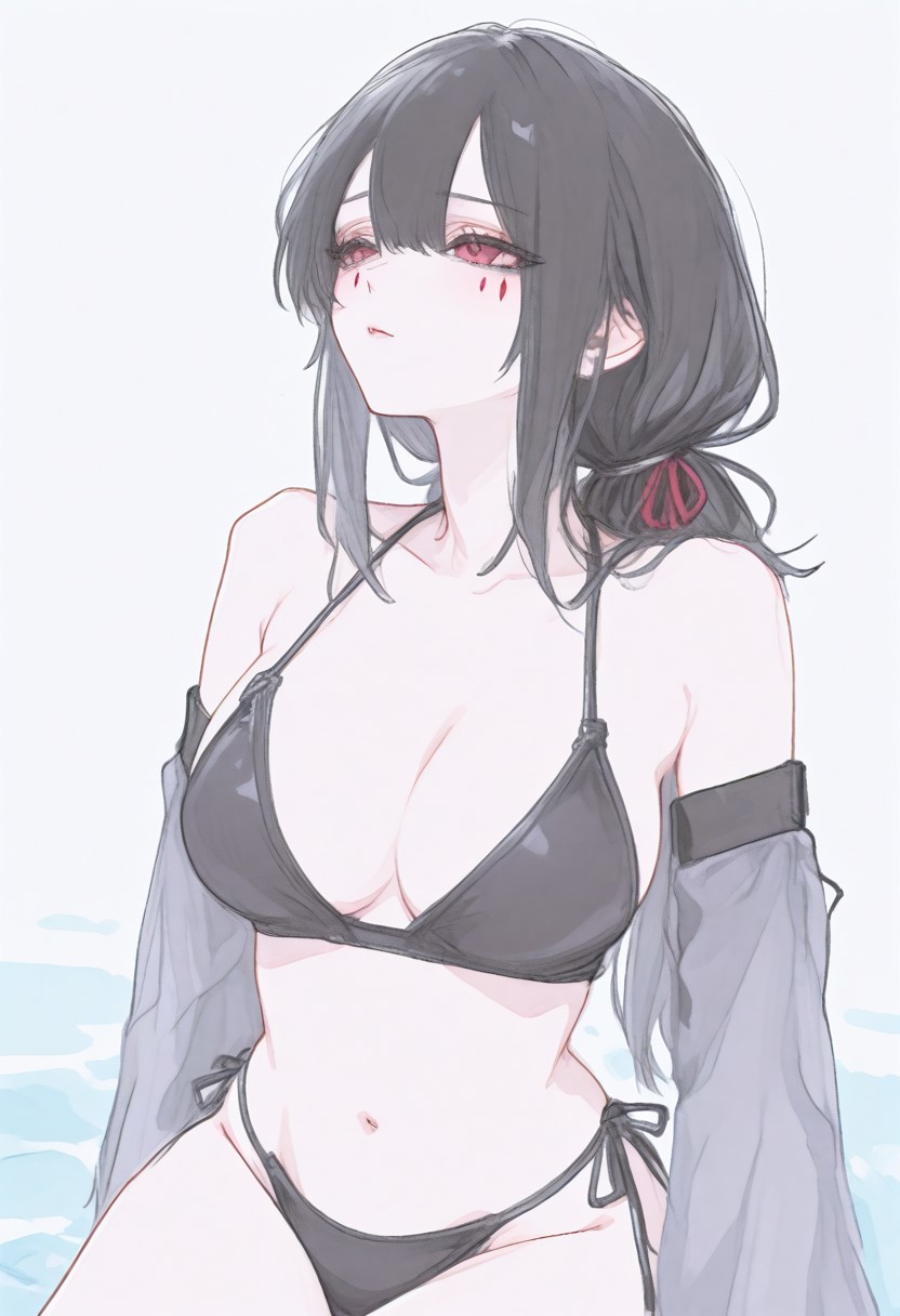 1girls ai_generated bikini black_bikini eclipsea_(enigma_of_sepia) enigma_of_sepia female jacket_on_shoulders makeup red_eyes sad string_bikini tagme