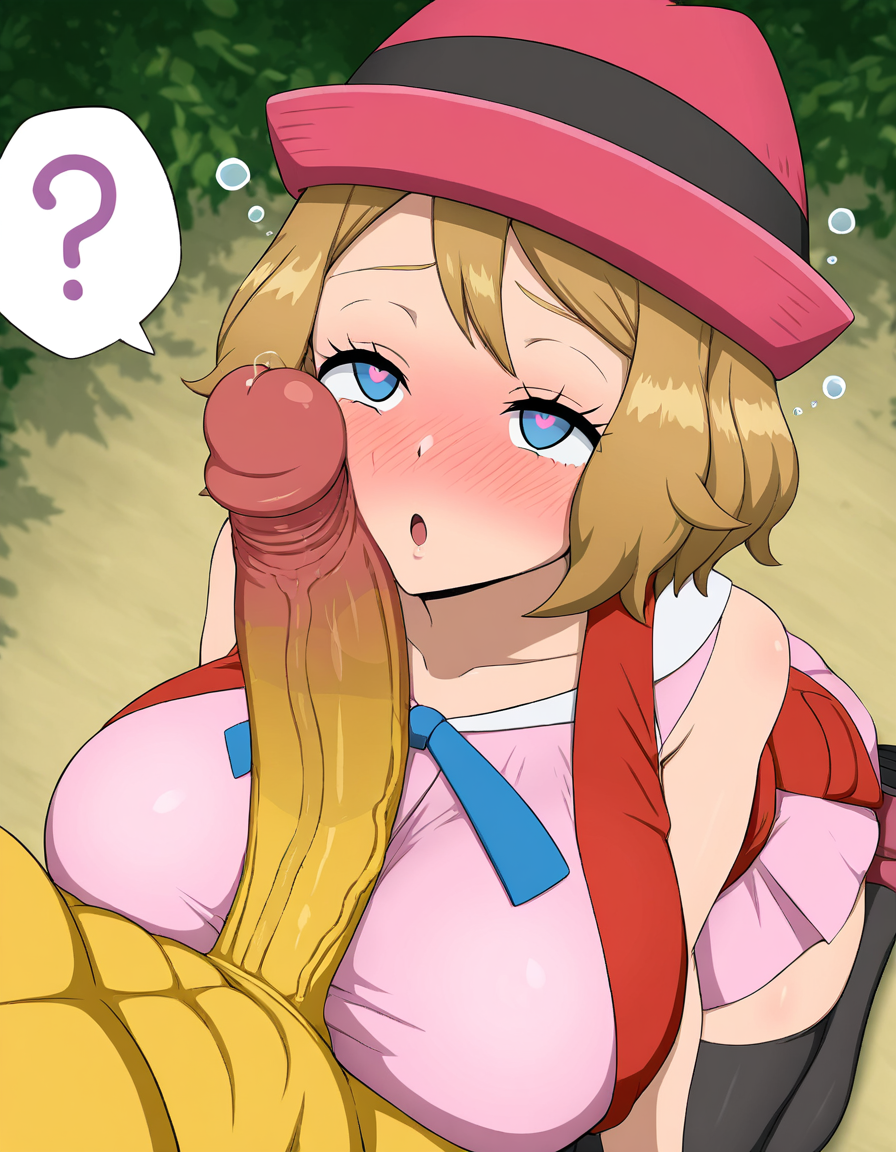 ai_generated big_breasts blush hat heart-shaped_pupils huge_cock hypno hypnosis imminent_oral rubyart serena_(pokemon) short_hair