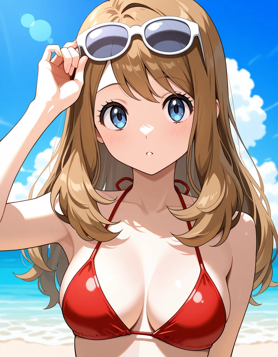 1girls aged_up ai_generated bikini blonde_hair blue_eyes brown_hair brush female female_only long_hair medium_breasts outdoors pokemon pokemon_xy red_bikini red_swimsuit serena_(pokemon) smiling sunglasses_on_head swimsuit white_skin