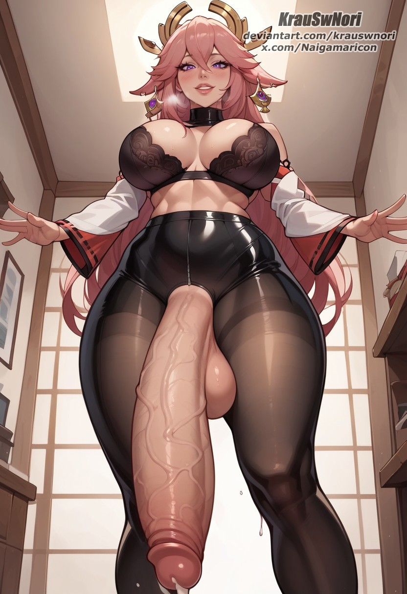 1futa ai_generated big_penis bra cum cum_drip cum_on_body cum_on_breasts cum_on_face futa_focus futa_only futanari genshin_impact huge_ass huge_breast huge_butt huge_cock krauswnori seductive seductive_look yae_miko