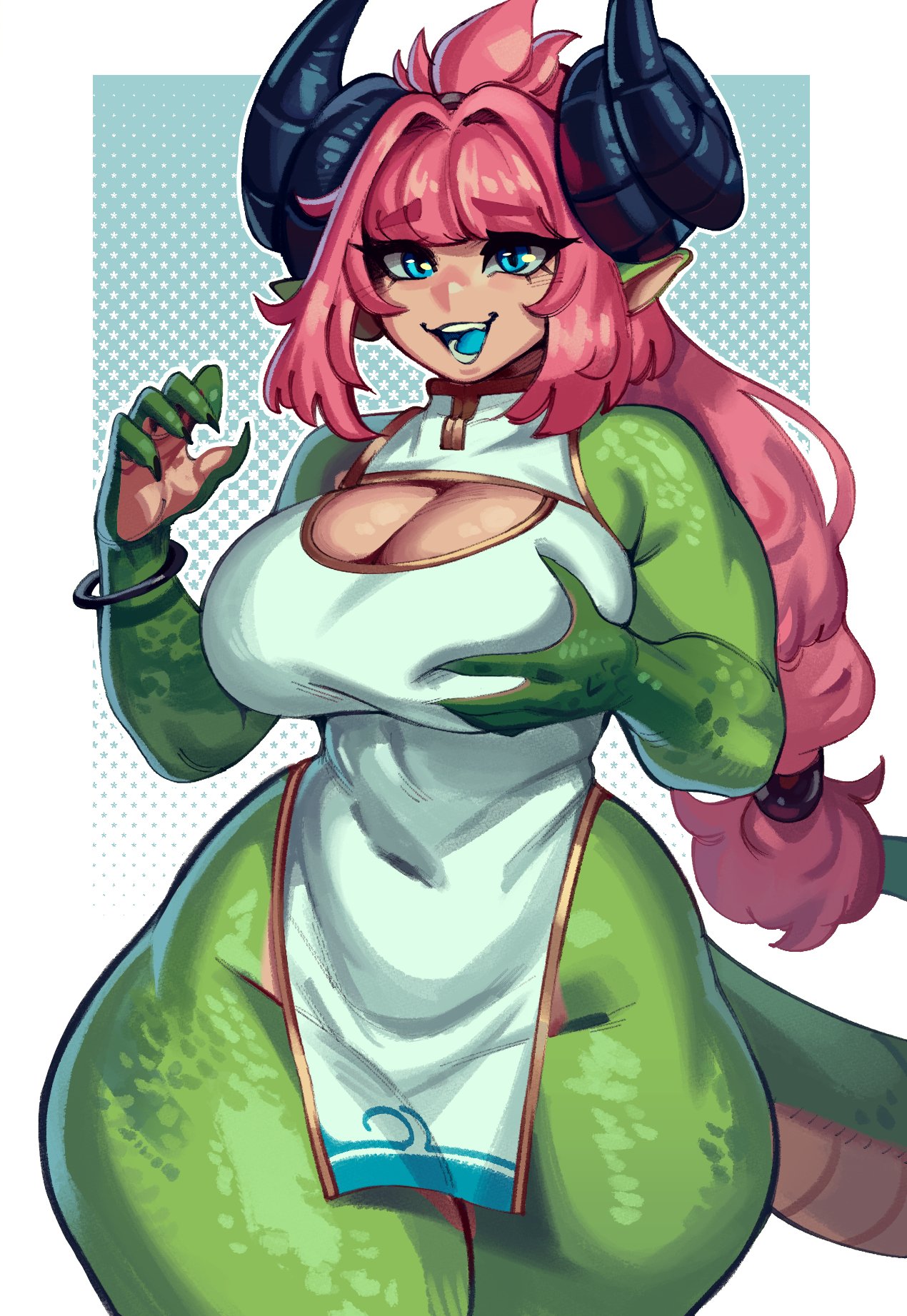 1girls anthro big_breasts big_thighs blue_eyes cleavage_cutout curved_horns dragon dragon_girl dragon_horns female female_only grabbing_own_breast green_body hi_res horns long_hair looking_at_viewer nina_(eigaka) nocturne_nsfw open_mouth pink_hair pointy_ears smiling smiling_at_viewer solo tail thick thick_thighs wide_hips