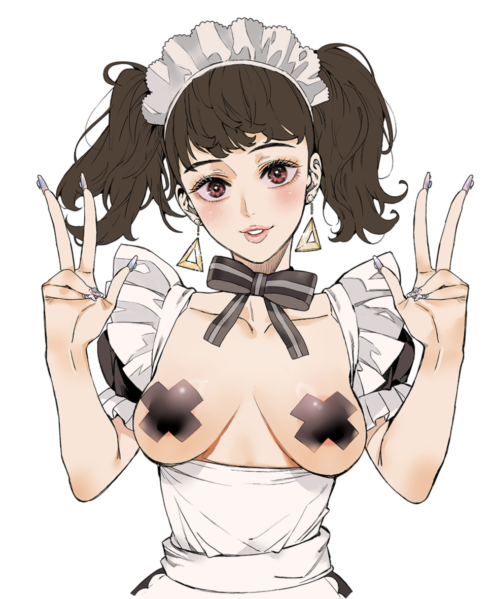 1girls alternate_version_available areola_slip areolae atlus azukiko black_pasties breasts breasts_out brown_hair double_peace_sign ear_piercing earrings female female_only fingernails hair headwear long_nails maid maid_headdress maid_outfit maid_uniform mature mature_female mature_woman medium_breasts nails neckwear pasties peace_sign persona persona_5 red_eyes ribbon sadayo_kawakami smile solo solo_female twintails upper_body x_pasties