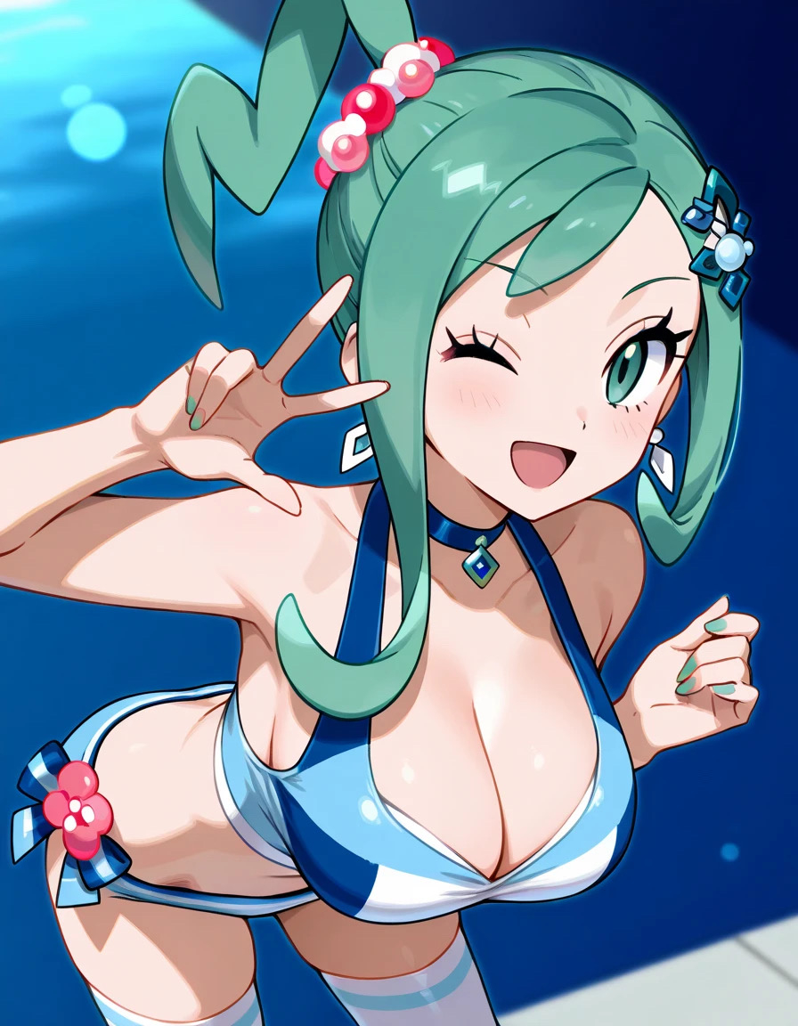 1girls ai_generated aqua_eyes aqua_hair blue_necklace blue_socks blue_underwear bra female lisia_(pokemon) medium_breasts necklace only_female panties pokemon pokemon_oras short_hair smile socks underwear white_skin