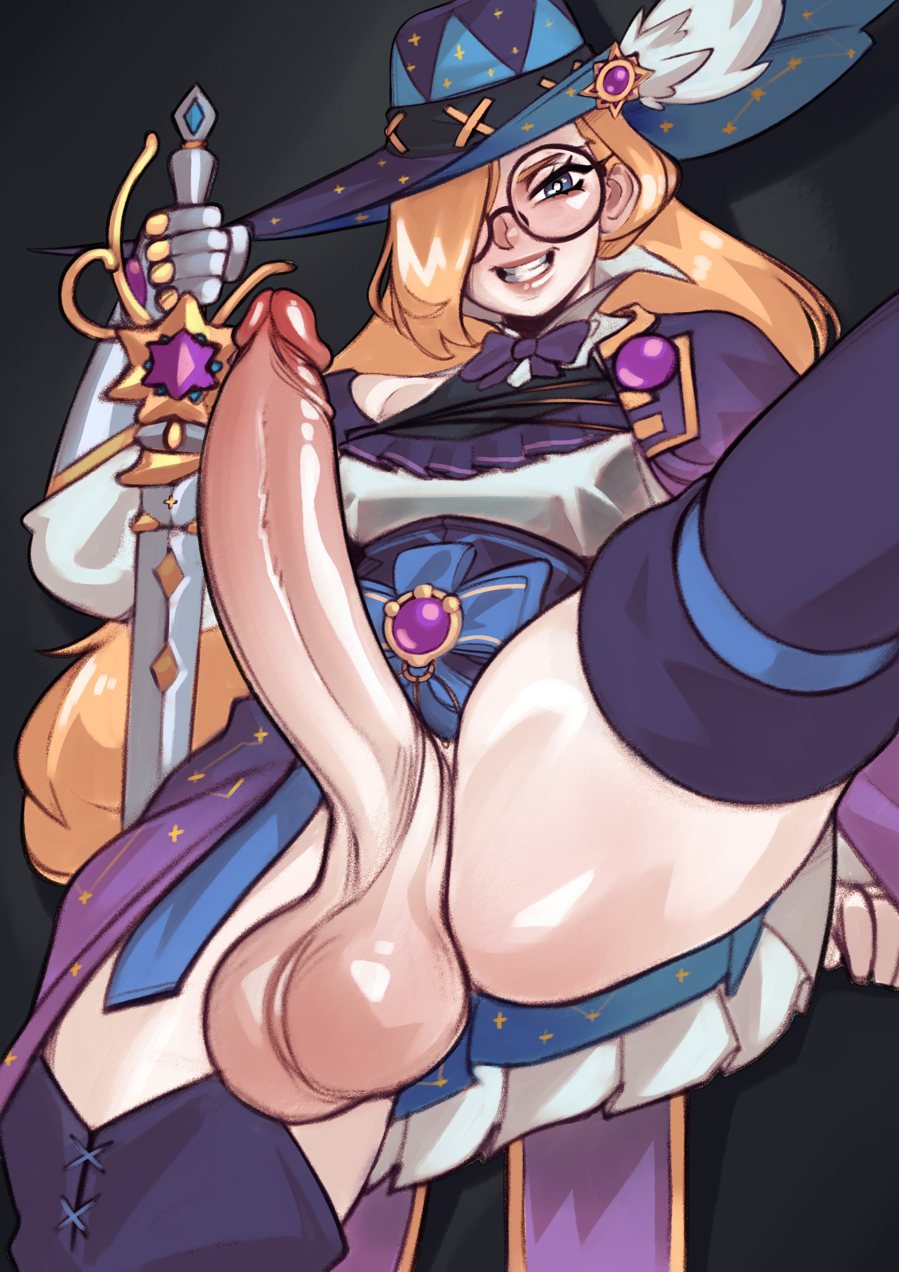 1futa, balls, big penis, blonde hair, blue eyes, bottomless, breasts, clothed, clothing, commission, erection, futa only, futanari, grin, hair over one eye, hat, huge cock, human, intersex, large penis, light skin, light-skinned futa, original, partially clothed, penis, smooth balls, smooth penis, solo, solo futa, thigh boots, truedevirish, witch hat