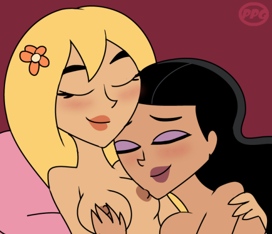 2girls black_hair blonde_hair breasts danny_phantom dark-skinned_female dark_skin female female_only interracial nickelodeon nude paulina_sanchez purfectprincessgirl purple_eyeshadow sleeping star_(danny_phantom) yuri