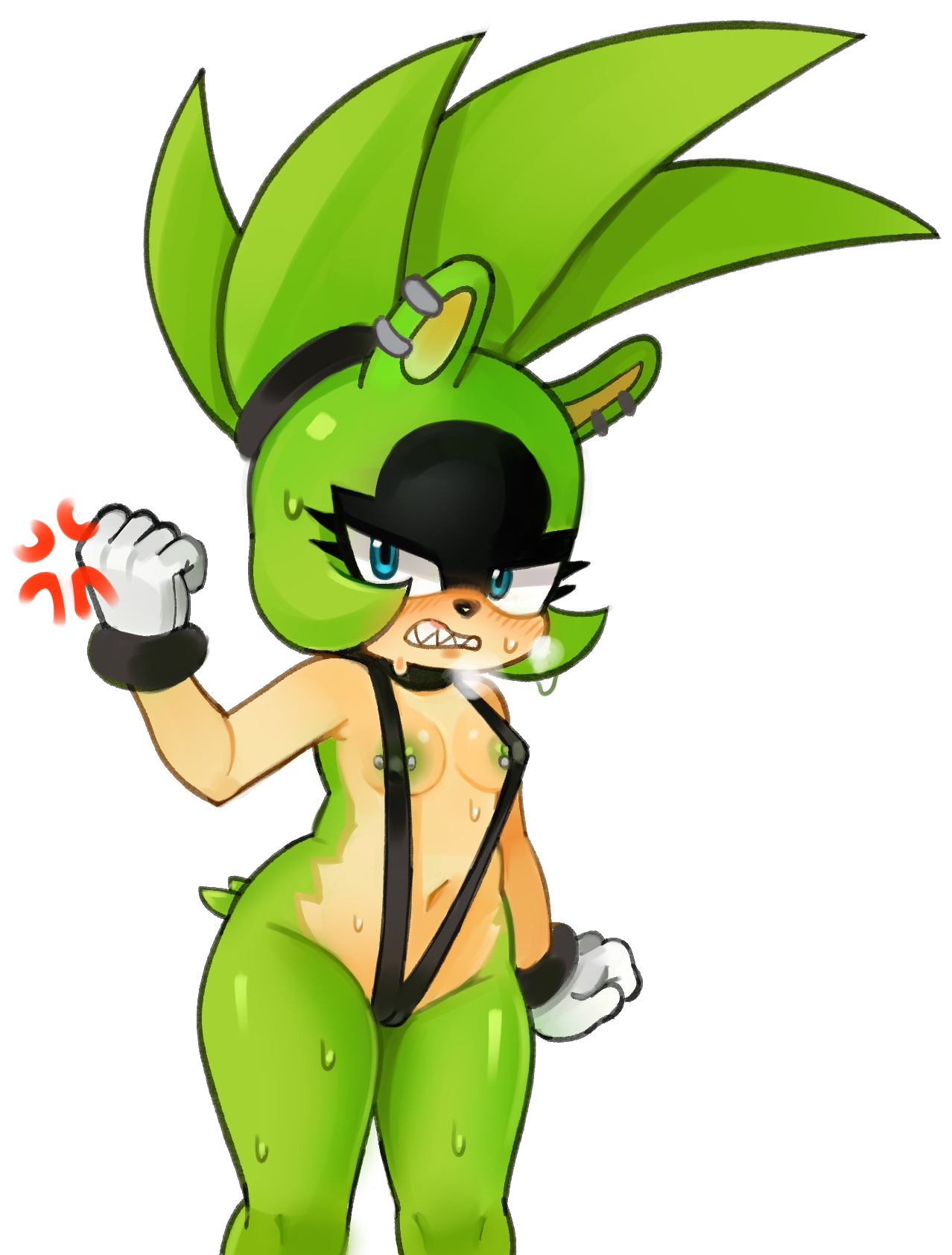 1girls, 2x, angry, areolae, blush, breasts, cameltoe, ear piercing, female, micro bikini, nipple piercing, solo, sonic (series), sonic the hedgehog (idw), sonic the hedgehog (series), surge the tenrec, sweat, tagme