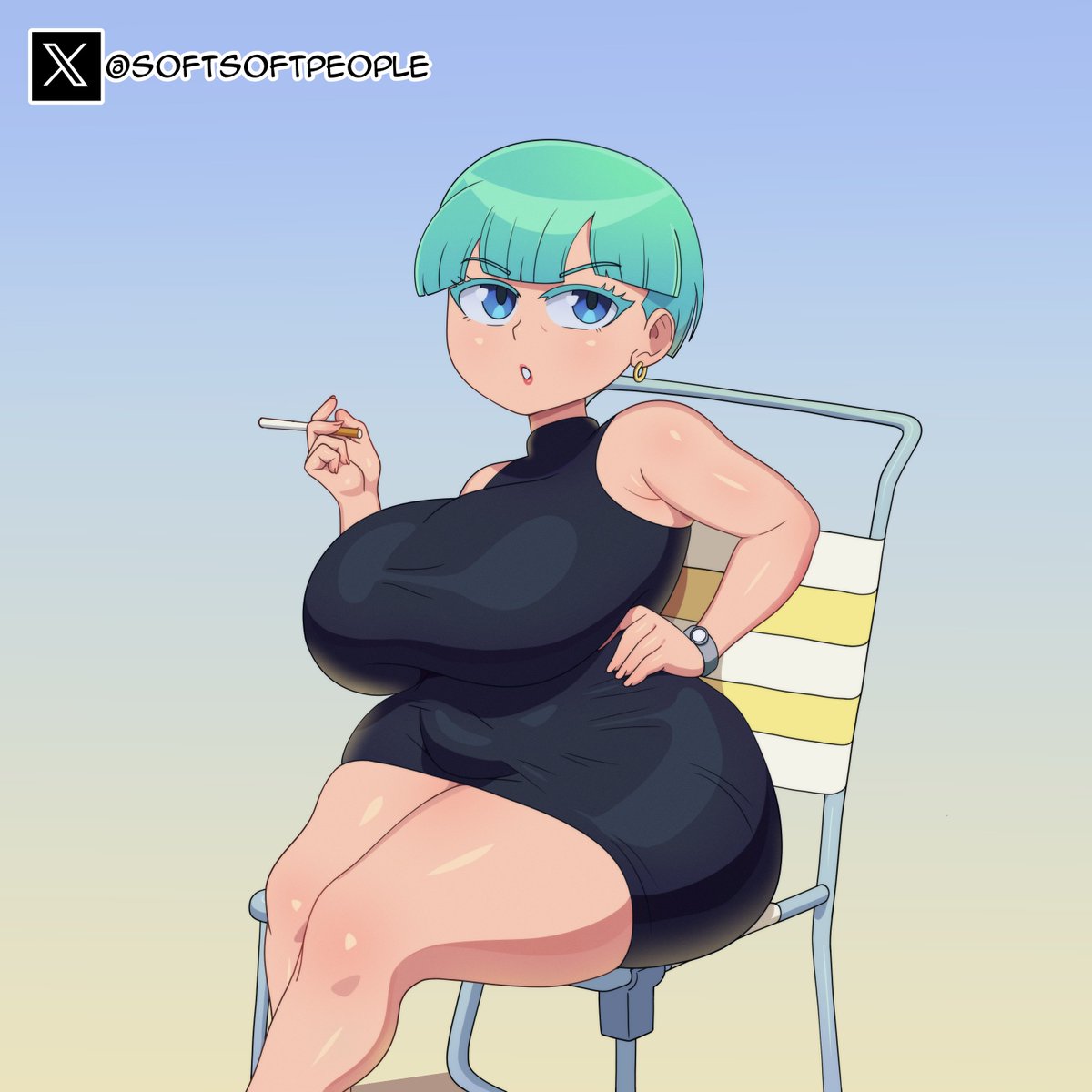 1girls bulma_briefs cigarette dragon_ball_z holding_cigarette huge_breasts looking_at_viewer milf smoking softsoft thick_hips thick_thighs