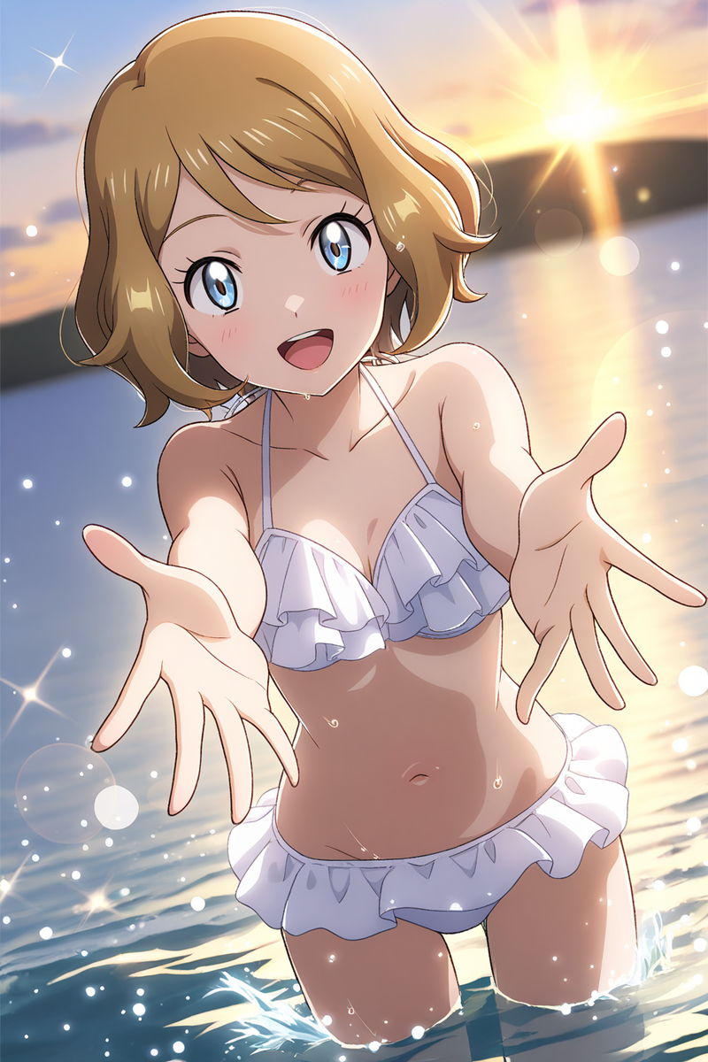 ai_generated bikini blonde_hair blue_eyes breasts brown_hair brush female female_only open_arms short_hair slim slim_waist small_breasts smiling white_bikini white_skin white_swimsuit