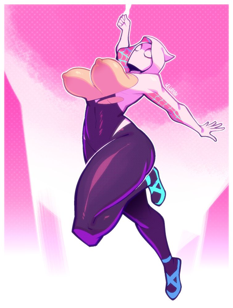 female, gwen stacy, latex, marvel, marvel comics, ripped clothing, ripped costume, spider-gwen, spider-man (series), spider-man: into the spider-verse, tagme, titty slip, wardrobe malfunction, web swinging, welwraith