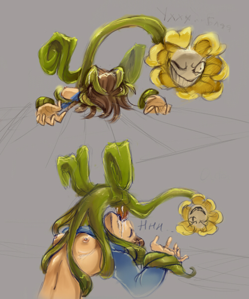 bondage, breasts, clothed rape, cumshot, deepthroat, ejaculation, exposed breasts, fellatio, female, flower, flowey the flower, frisk, nipples, oral, orgasm, plant, rape, tentacle, tentacle sex, undertale