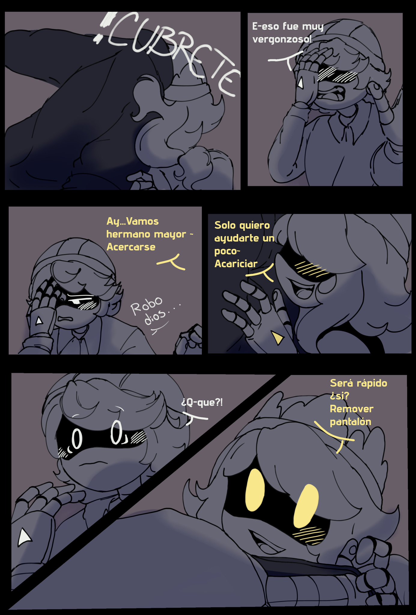 1boy, 1girls, blush, comic, cyn (murder drones), dailenariek, embarrassed, female, glitch productions, male, murder drones, n (murder drones), pulling down pants, pulling pants down, robot, robot boy, robot girl, sketch, tagme, talking, white eyes, yellow eyes