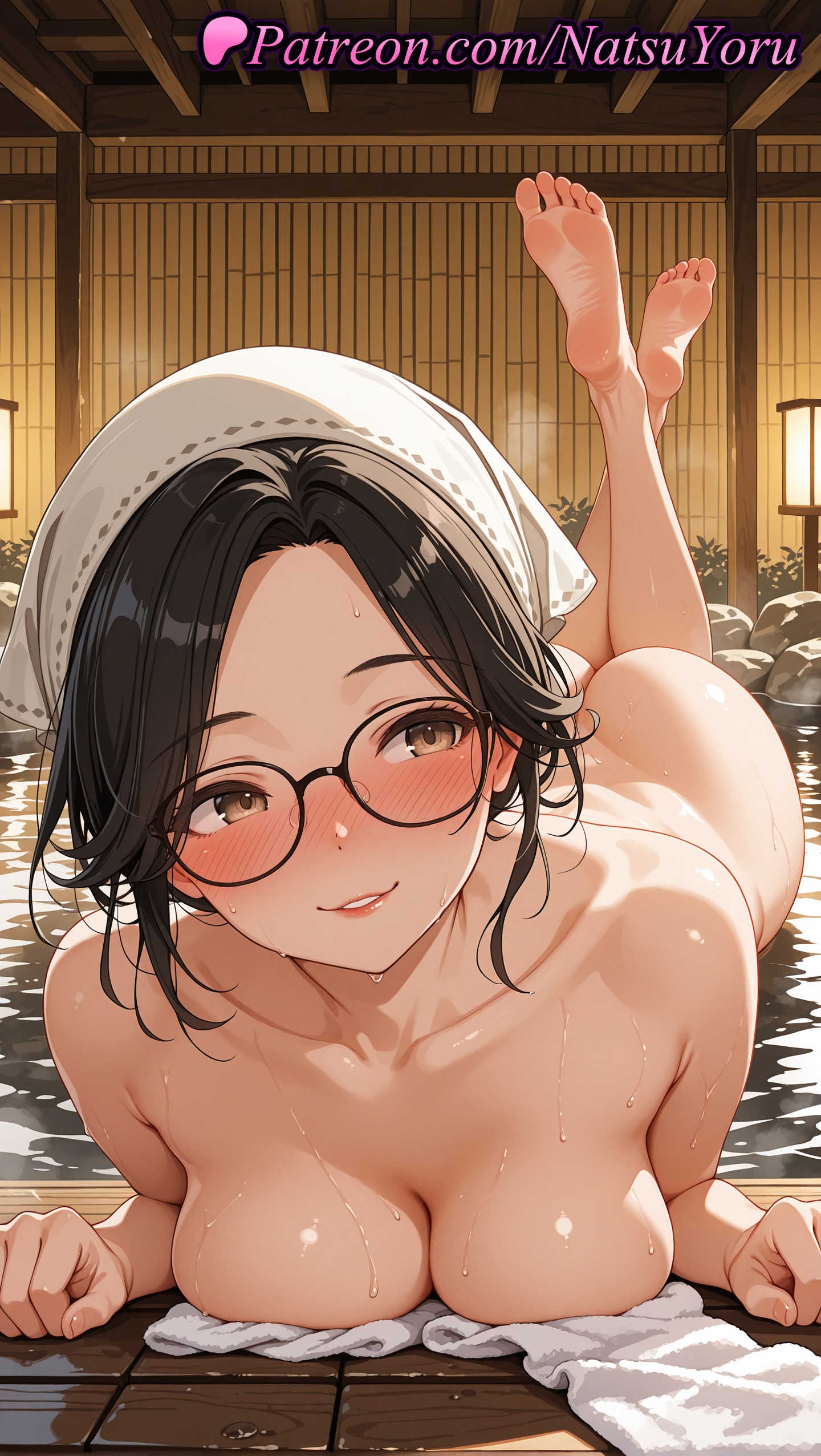 1girls, 2025, ai assisted, ai generated, alma (monster hunter wilds), anime, anime style, asian, ass, bangs, barefoot, bath, bathing, black hair, black-framed eyewear, blush, breast press, breasts, brown eyes, bust, busty, capcom, cleavage, collarbone, completely nude, crossed legs, feet, feet up, female, female focus, female only, foot fetish, forehead, glasses, hi res, high quality, high resolution, highres, lantern, large breasts, legs up, lips, looking at viewer, lying, megane, monster hunter, monster hunter wilds, naked towel, natsuyoru, non-asian, nose blush, nude, nude female, on stomach, onsen, oshiri, parted bangs, parted lips, partially submerged, patreon, rock, short hair, smile, soles, solo, solo female, stable diffusion, steam, the pose, thighs, toes, towel, towel on head, voluptuous, voluptuous female, water, wet
