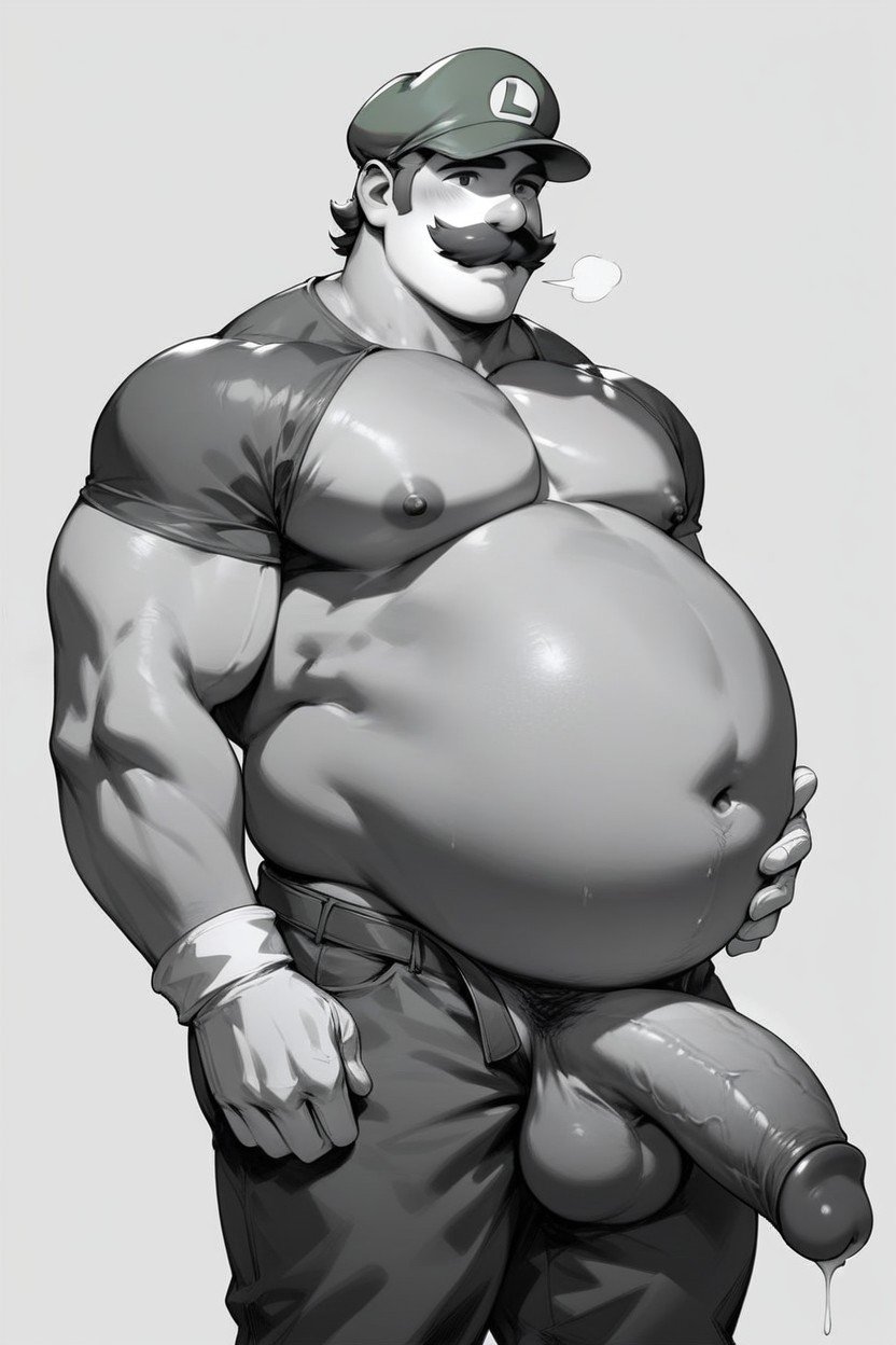 1boy ai_generated balls belly belt big_belly big_penis black_and_white clothing enormous_belly erection fat fat_belly fat_man genitals gigantic_belly gloves hand_on_belly hat huge_cock large_belly large_penis luigi male male_nipples male_only mario_(series) mature mature_male moustache muscular muscular_arms nintendo nipples obese obese_male overweight overweight_male pants penis penis_out solo solo_male testicles white_gloves