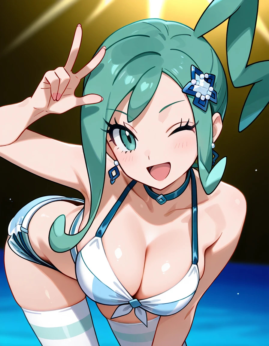 1girls ai_generated aqua_eyes aqua_hair blue_necklace blue_socks blue_underwear bra female lisia_(pokemon) medium_breasts necklace only_female panties pokemon pokemon_oras short_hair smile socks underwear white_skin