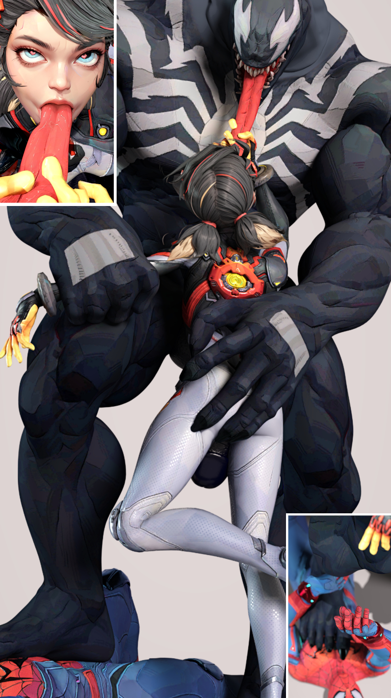 3d arm_grab ass ass_grab bodysuit dominant dominant_male domination flaccid grope groping groping_ass hdregrets heart-shaped_pupils heart_eyes kissing large_breasts marvel marvel_rivals muscular muscular_male peni_parker peni_parker_(marvel_rivals) restrained size_difference skintight skintight_bodysuit spider-man spider-man_(series) tongue tongue_down_throat twintails venom_(marvel)