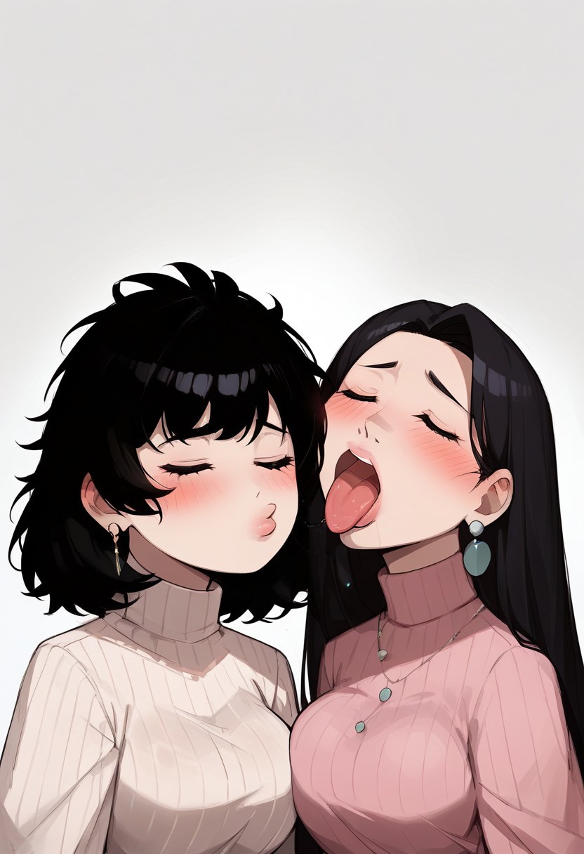 2girls about_to_kiss ai_generated big_breasts charv long_hair open_clothes puckered_lips short_hair yuri