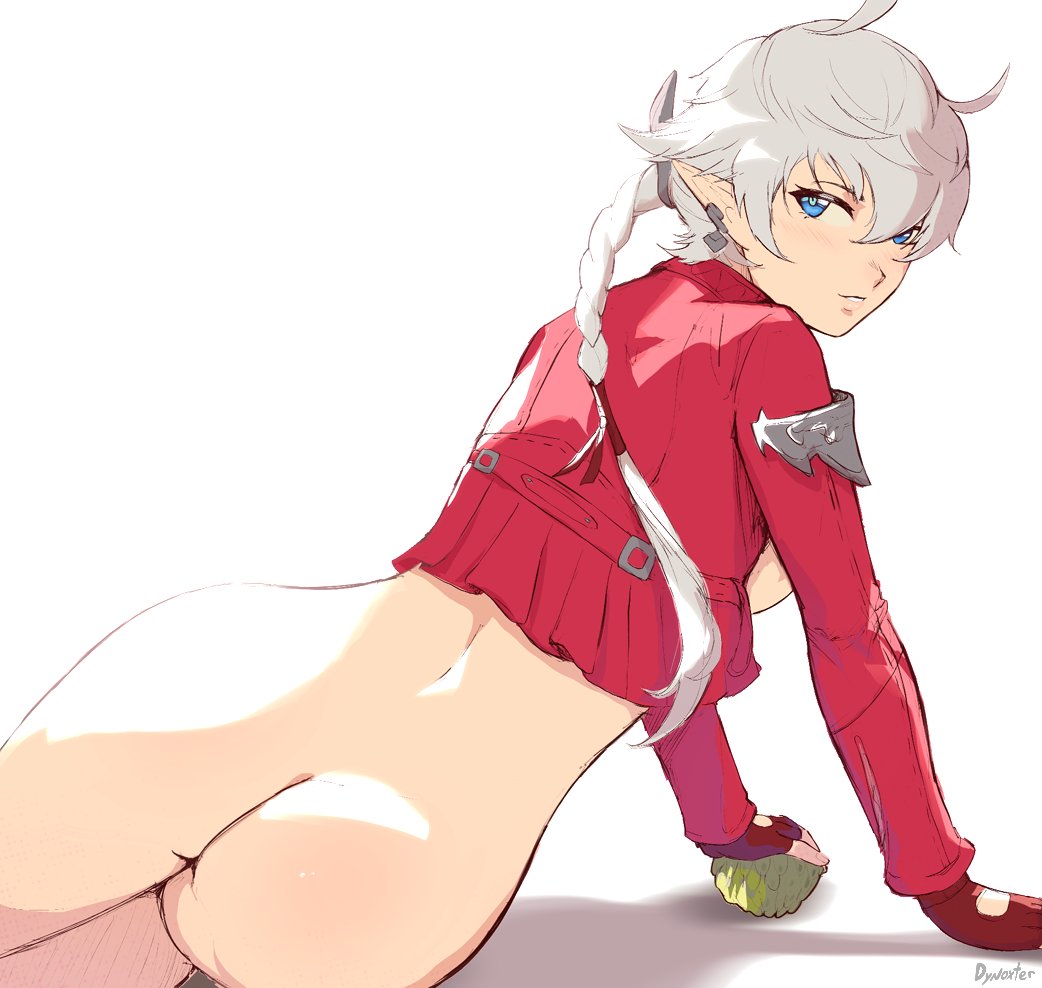 1girls alisaie_leveilleur ass ass_focus bare_legs blue_eyes blush blush blushing_at_viewer blushing_female braid braided_hair braided_ponytail dynoxter earrings elezen elf elf_ears elf_female elf_girl female final_fantasy final_fantasy_xiv fruit gloves half-dressed looking_at_viewer ribbon smile smiling smiling_at_viewer square_enix white_background white_hair