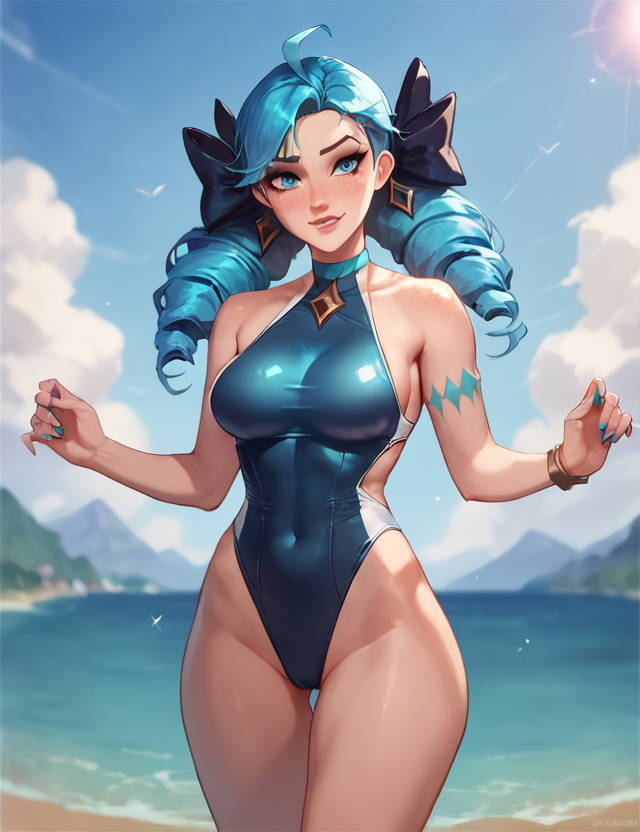 1girls ai_generated beach blue_hair cleavage drill_hair gwen_(league_of_legends) hip_dips solo_female swimsuit