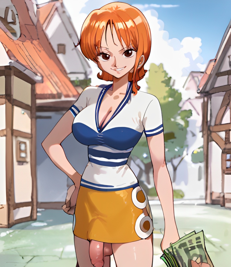 ai_generated artist_request big_breasts cleavage clothing exposed_penis futa_only futanari money nami nami_(one_piece) one_piece orange_hair outside pony_diffusion_xl self_upload shirt skirt solo_futa