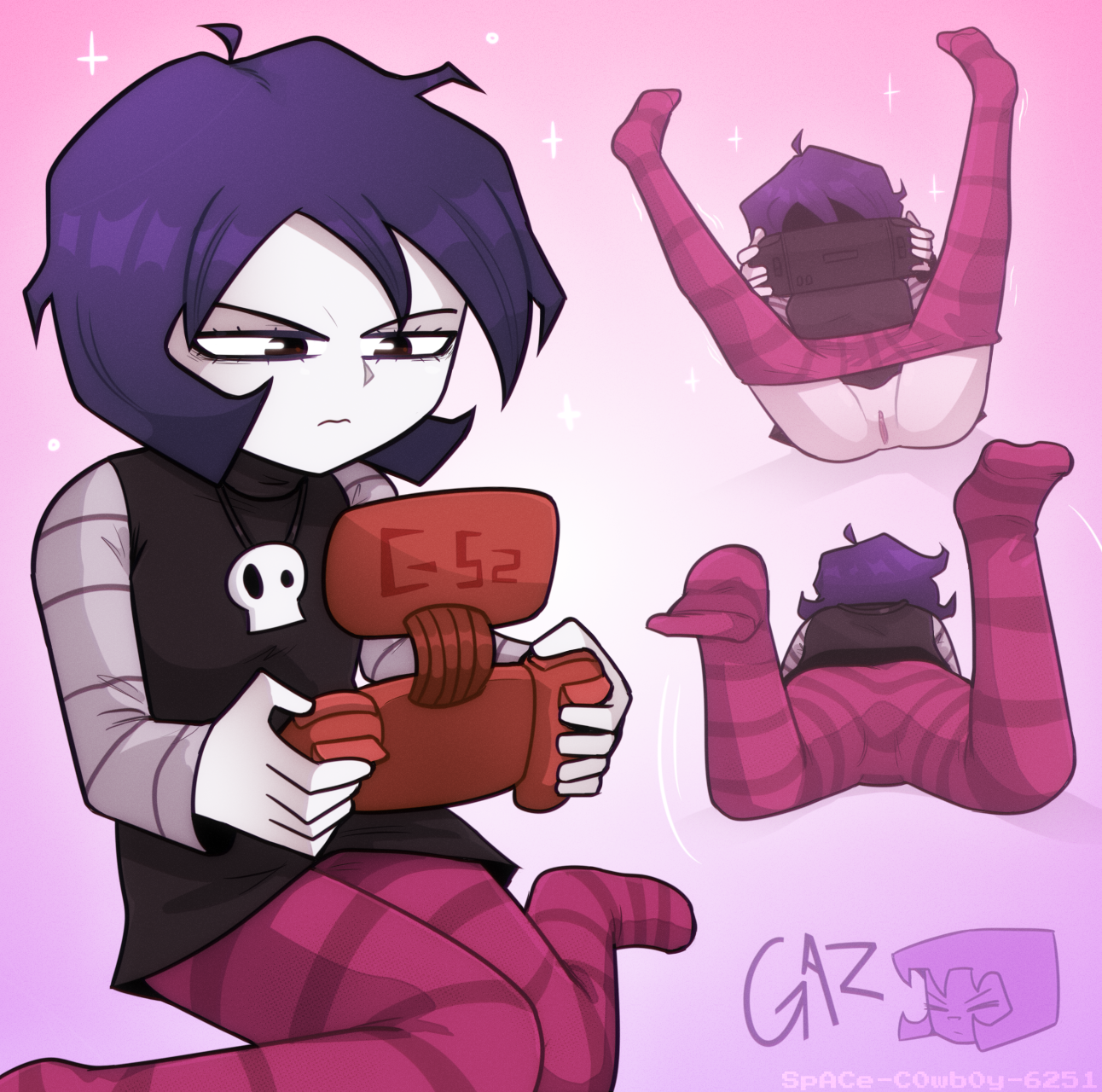 1girls, 2023, 2d, 2d (artwork), collage, exposed pussy, female, gaz membrane, goth girl, handheld game console, invader zim, laying down, leggings down, playing videogame, purple hair, pussy, pussy exposed, skull necklace, solo female, space-c0wb0y-6251, striped leggings, vagina