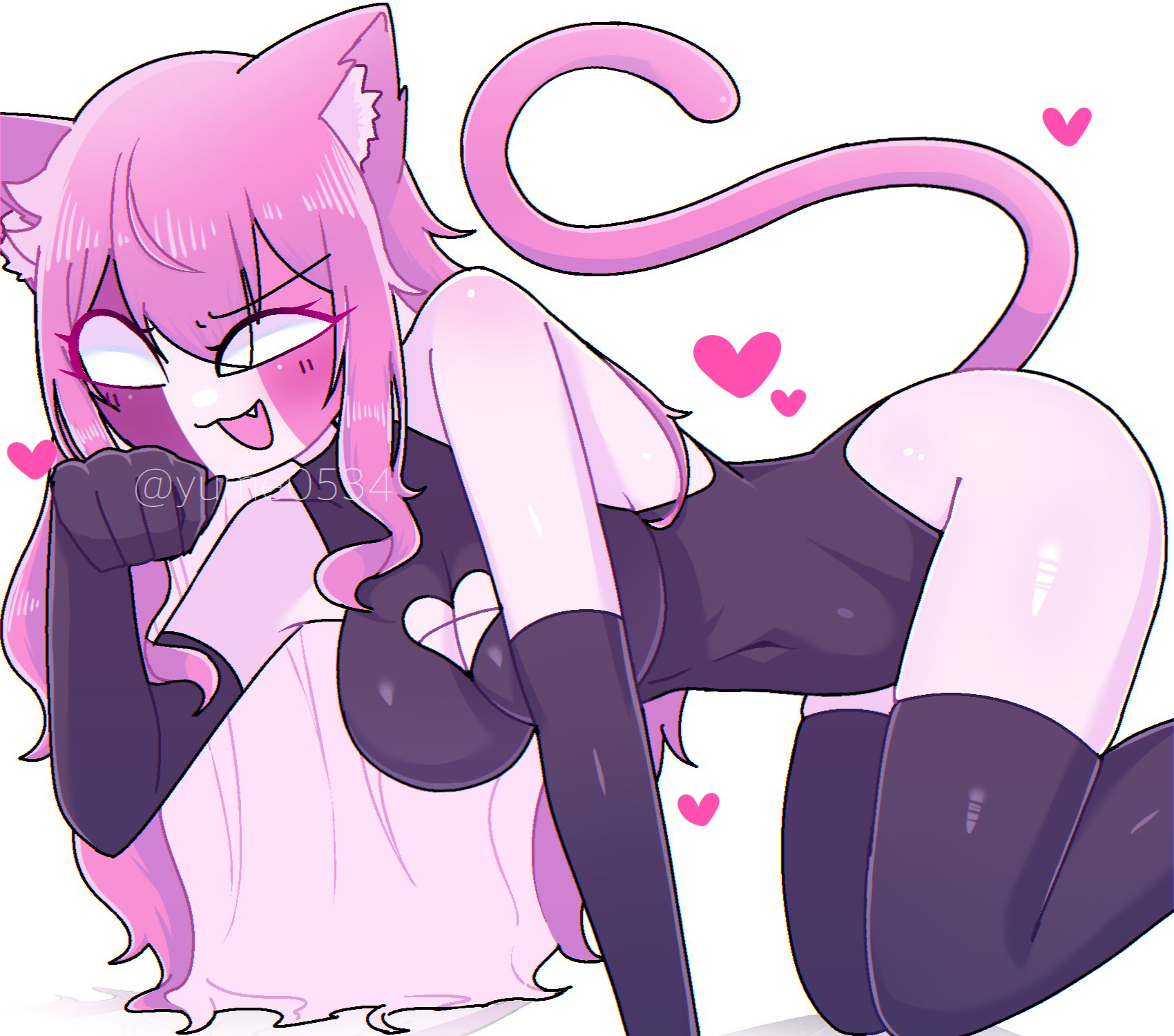 1girls, armwear, bending forward, bodysuit, boob window, breasts, cat ears, cat girl, cat suit, cat tail, catgirl, female, female only, friday night funkin, friday night funkin mod, gloves, heart, heart-shaped boob window, light skin, light-skinned female, long hair, no pupils, on knees, open clothing, open mouth, operario ferroviario, pale skin, pale-skinned female, pink hair, sarvente, sarvente (dokki.doodlez), sarvente (fnf mod), sarvente (friday night funkin), simple background, smile, solo, solo female, tagme, tail, thighhighs, white background, white eyes, yume0534