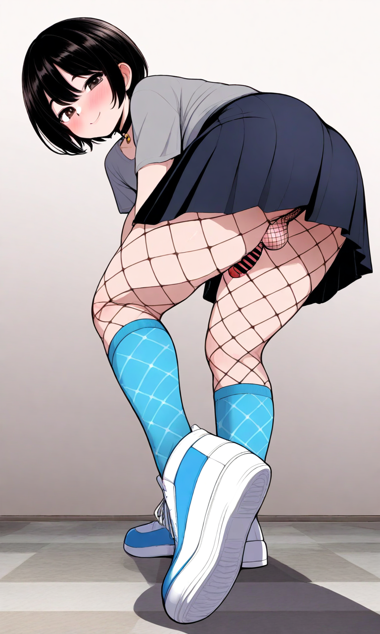 ai_generated big_ass black_hair black_skirt blush brown_eyes choker dick femboy love medium_penis penis shoes skirt smile staspivo