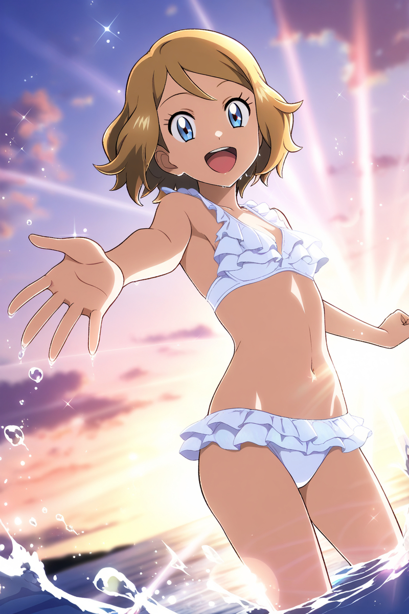 ai_generated bikini blonde_hair blue_eyes breasts brown_hair brush female female_only open_arms short_hair slim slim_waist small_breasts smiling white_bikini white_skin white_swimsuit