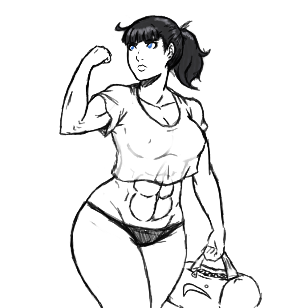 1female abs black_hair blue_eyes cleavage dark_hair female female_abs franktonius gym_bag mostly_monochrome muscle muscles muscular muscular_female see-through_clothing white_background