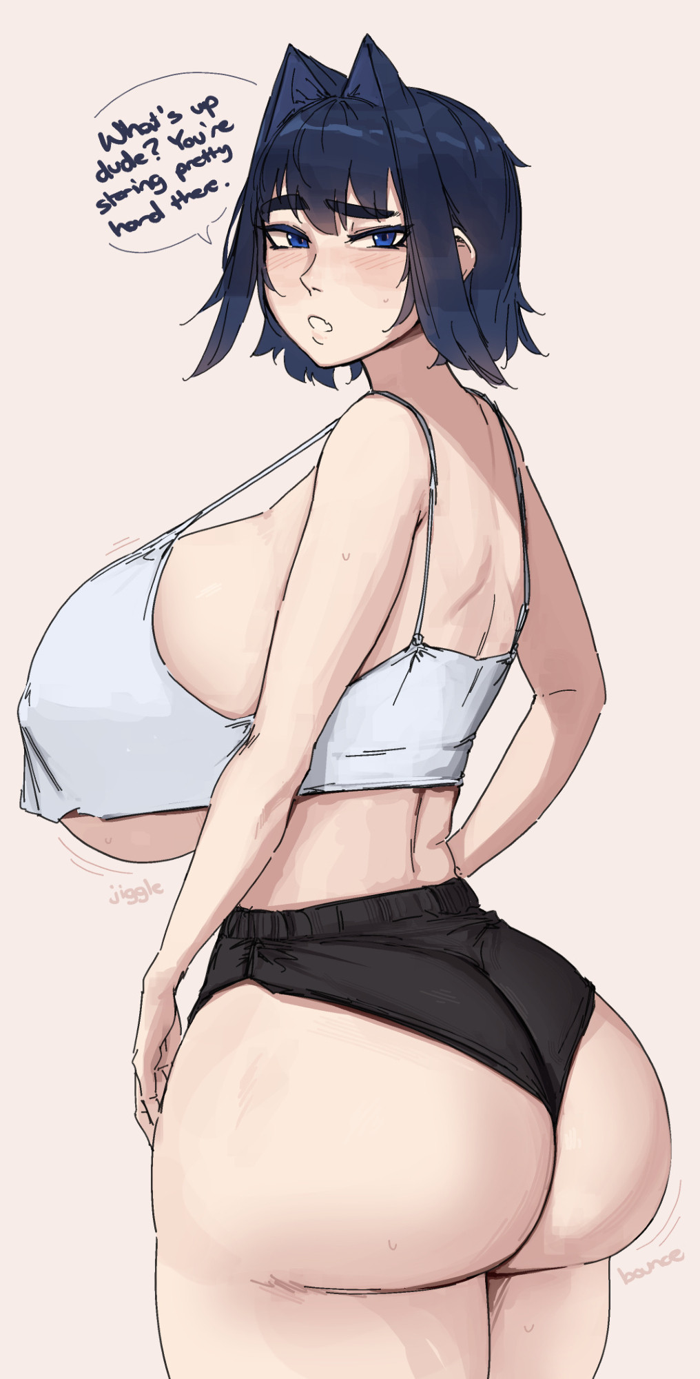 1girls, ass, ass hanging out, ass hanging out of shorts, booty shorts, breasts, caked up, casual, caught staring, female, female only, hololive, hololive english, hololive english -council-, hololive english -promise-, huge ass, huge breasts, human, looking at viewer, ouro kronii, revealing clothes, roresu, short shorts, shorts, skimpy, solo, solo female, standing, talking to viewer, tank top, virtual youtuber, voluptuous
