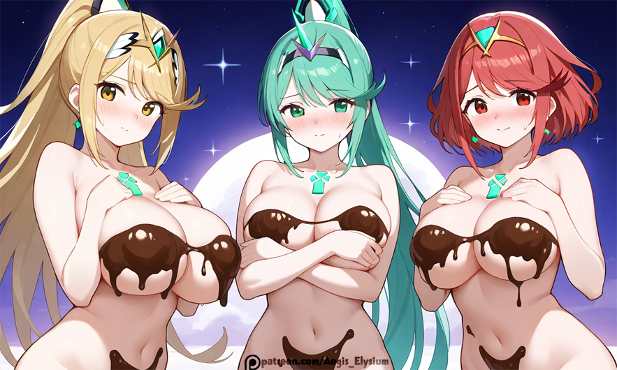 3girls aegis_elysium ai_art ai_generated blush breasts chest_jewel chocolate chocolate_on_breasts cleavage dress earrings edited elbow_gloves female female_focus food gem gloves grabbing_breast grabbing_breasts green_eyes green_hair hair_ornament headpiece highres holding holding_breast holding_breasts huge_breasts jewelry large_breasts legging long_hair looking_at_viewer mythra mythra_(xenoblade) naked navel night nintendo nude patreon patreon_username pneuma pneuma_(xenoblade) pyra pyra_(xenoblade) red_eyes sexy standing starry_sky stars swept_bangs thighhighs tiara touching_breast touching_breasts trio_focus very_long_hair watermark wet xenoblade_(series) xenoblade_chronicles_(series) xenoblade_chronicles_2 yellow_eyes