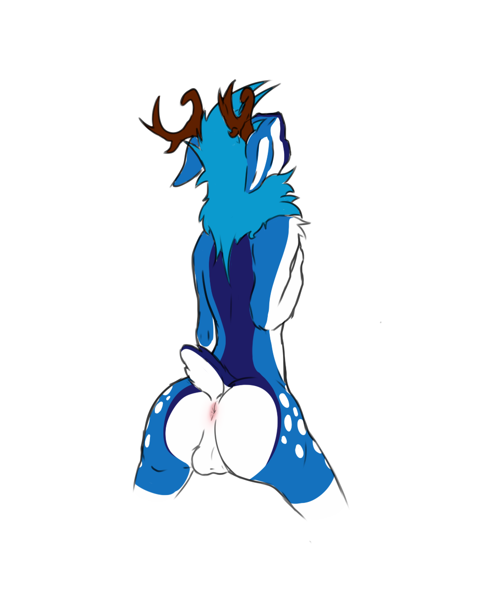 2017 alpha_channel anthro antlers anus ass backsack balls blue_fur blue_hair cervine deer digital_media_(artwork) dragonsponies equine fur hair horn mammal pose simple_background solo transparent_background white_balls white_fur