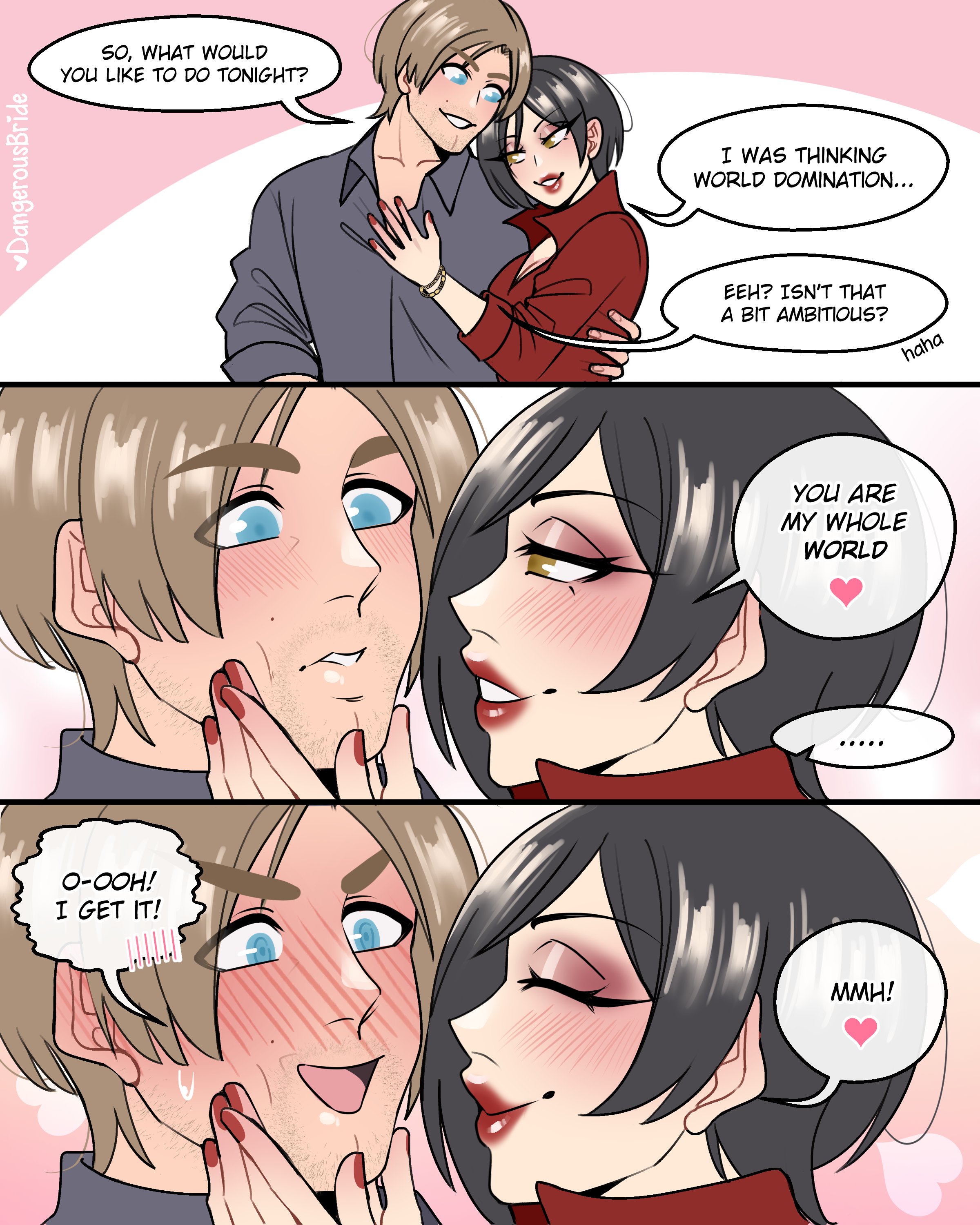 1boy, 1girls, ada wong, black hair, blue eyes, blush, brown eyes, brown hair, capcom, closed eyes, dangerousbride, dialogue, embarrassed, english text, eyelashes, female, heavy blush, himbo, leon scott kennedy, lipstick, male, nail polish, red lipstick, red nails, resident evil, resident evil 6, smile, smiling, speech bubble, very high resolution, wholesome