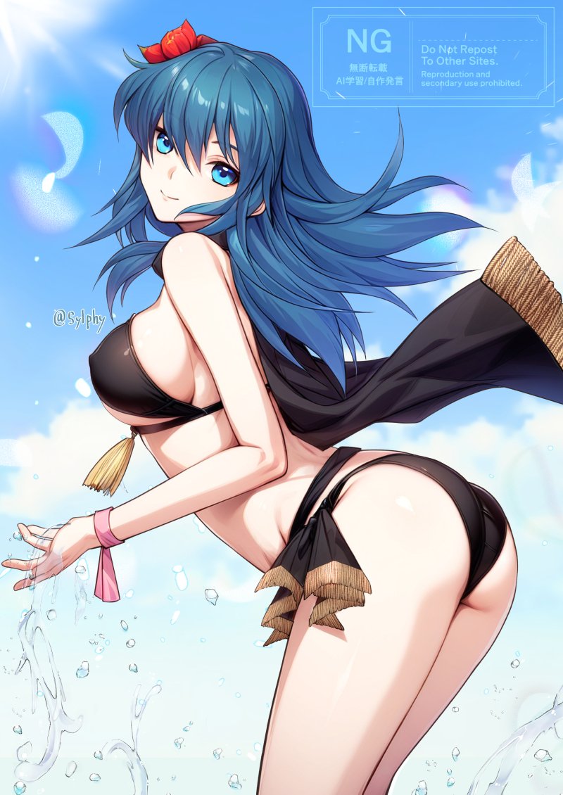 1girls bikini black_bikini blue_eyes byleth_(fire_emblem) byleth_(fire_emblem)_(female) byleth_(summer)_(fire_emblem)_(female) closed_mouth covered_erect_nipples fire_emblem fire_emblem:_three_houses fire_emblem_heroes flower hair_between_eyes hair_flower hair_ornament hibiscus large_breasts long_hair looking_at_viewer nintendo official_alternate_costume red_flower smile solo swimsuit sylphy_fe teal_hair underboob