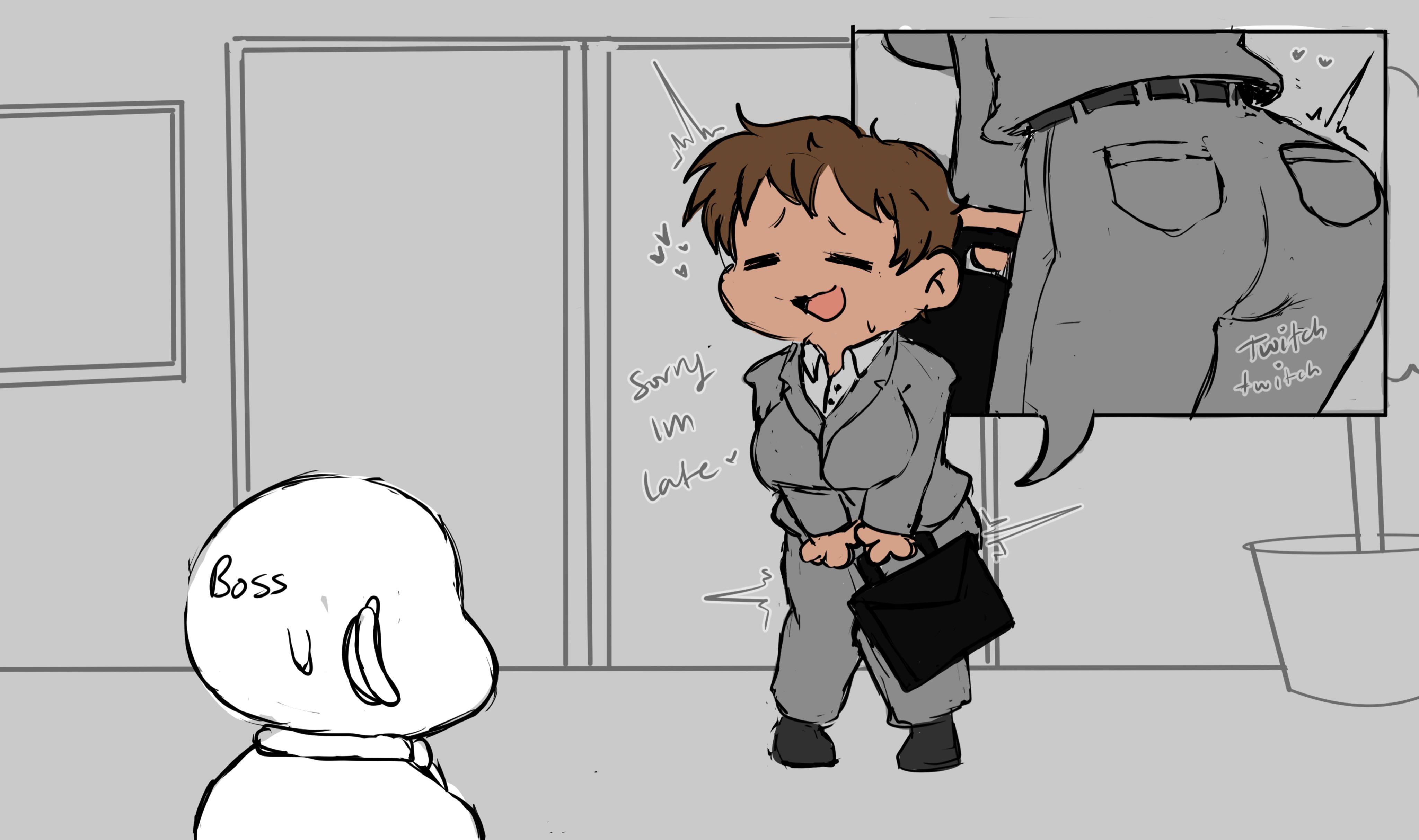 1boy, 1girls, after sex, ass, baecohn, big ass, big breasts, boss, breasts, brown hair, closed eyes, embarrassed, employee uniform, female, full body, male, original, original character, sophia (baecohn), suit, suit and tie, twitching, yuru chara