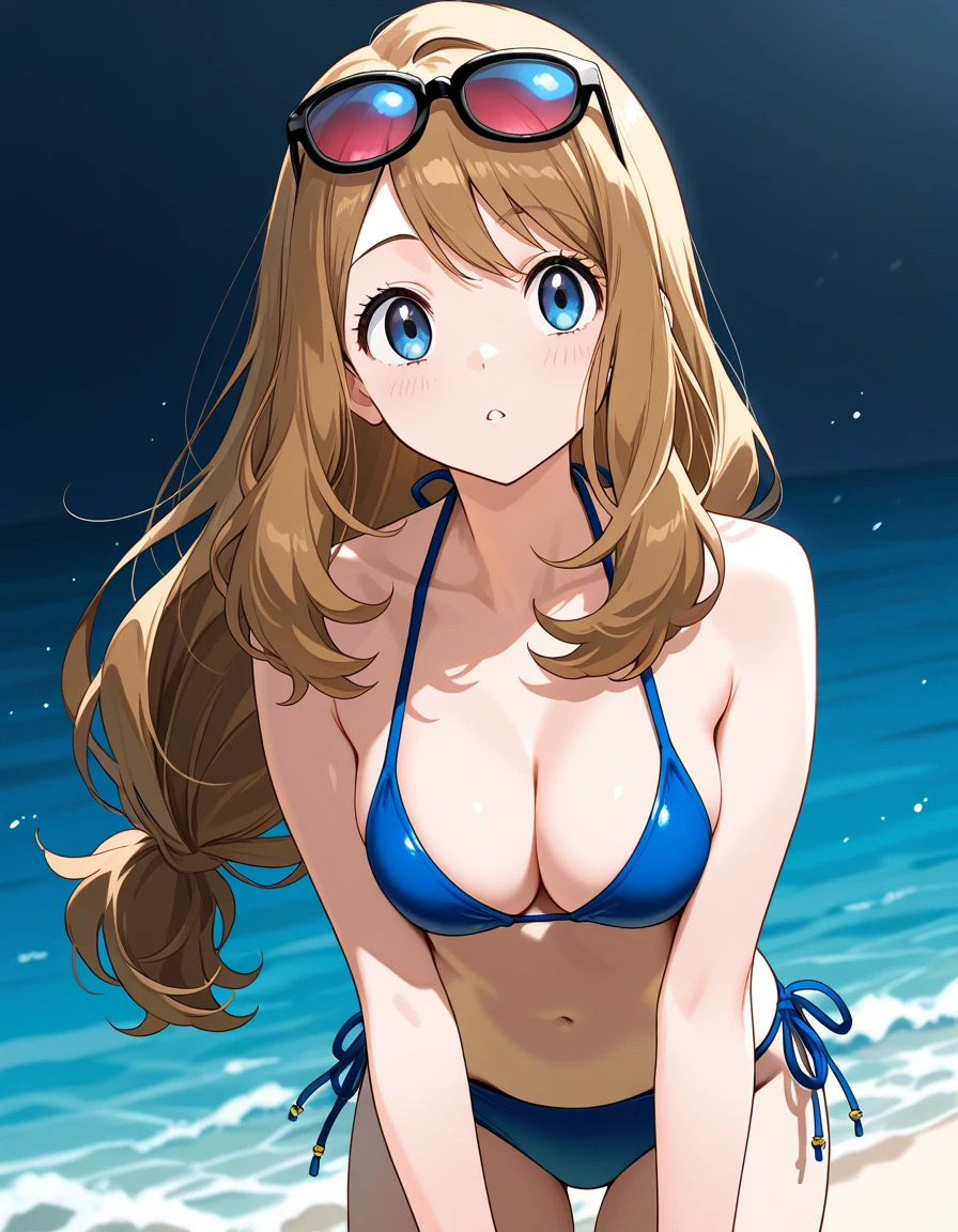 1girls aged_up ai_generated bikini blonde_hair blue_bikini blue_eyes blue_swimsuit brown_hair brush female female_only leaning_forward long_hair medium_breasts outdoors pokemon pokemon_xy serena_(pokemon) smiling sunglasses_on_head swimsuit white_skin