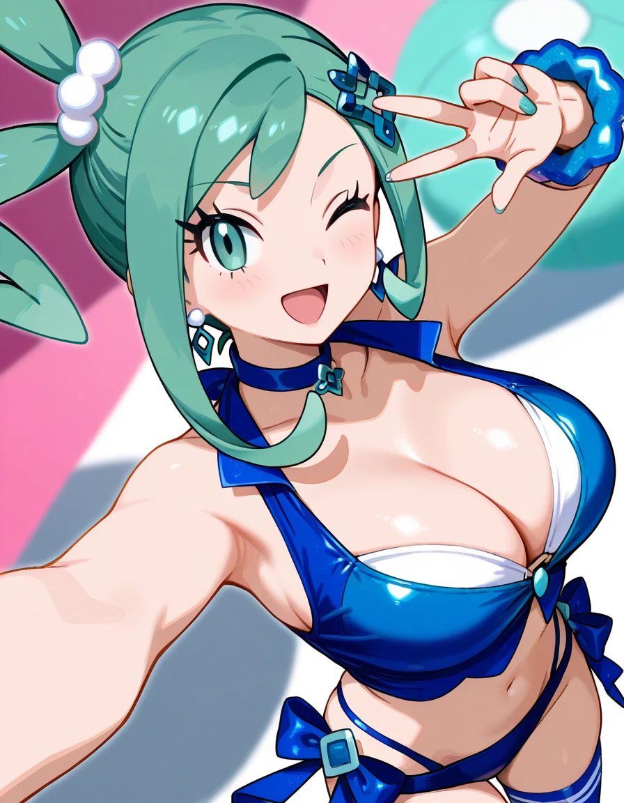 1girls ai_generated aqua_eyes aqua_hair blue_necklace blue_socks blue_underwear bra female lisia_(pokemon) medium_breasts necklace only_female panties pokemon pokemon_oras short_hair smile socks underwear white_skin