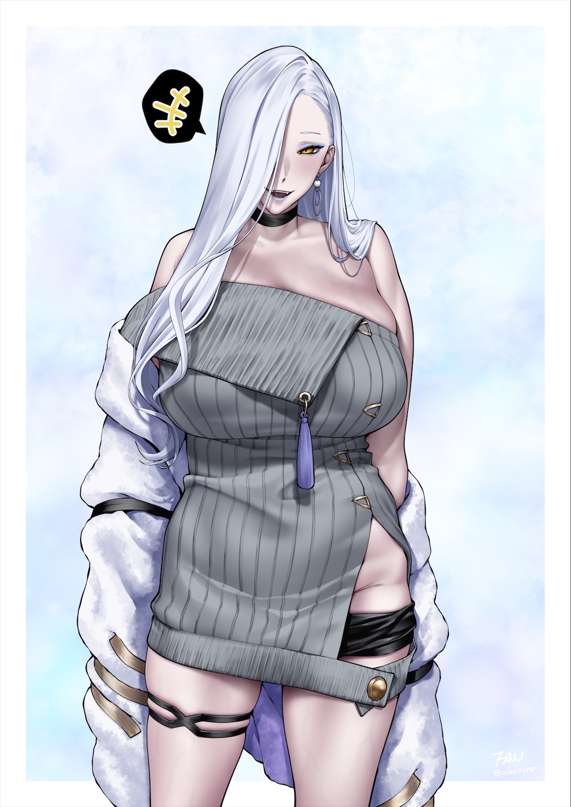 1girls, bare shoulders, black shorts, blue lips, breasts, choker, clavicle, clothing, dress, earrings, eyeliner, f.w.zholic, fan (f.w.zholic), fate (series), fate/grand order, female, grey dress, hair over one eye, hebinyobo (fate grand order), hebinyobo (second ascension), hoop earrings, huge breasts, jacket, jewelry, lips, long hair, long sleeves, looking at viewer, makeup, micro shorts, off shoulder, omi-san (fate), open mouth, shorts, smile, solo, sweater, sweater dress, tassel, thighs, white hair, white jacket, yellow eyes