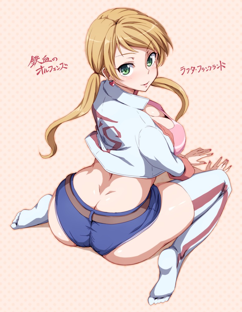 1girls, artist request, ass, belt, big breasts, breasts, cleavage, clothed, clothing, female, gundam, gundam tekketsu no orphans, huge ass, jacket, lafter frankland, light skin, looking at viewer, looking back, shorts, sitting, solo, suggestive, thick thighs, thighhighs, twintails, wariza