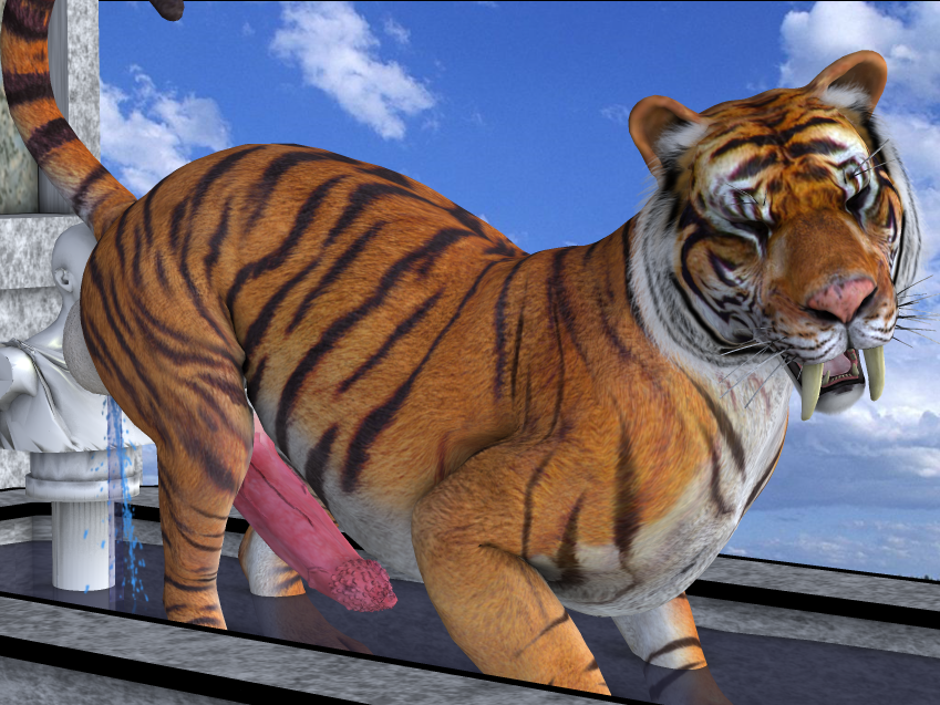 3d animal_genitalia balls big_balls big_penis erection fangs feline feral fur huge_balls looking_at_viewer male male_only mammal orange_eyes orange_fur penis pool_(disambiguation) pose sabertooth_(feature) solo tapiko tiger water white_fur