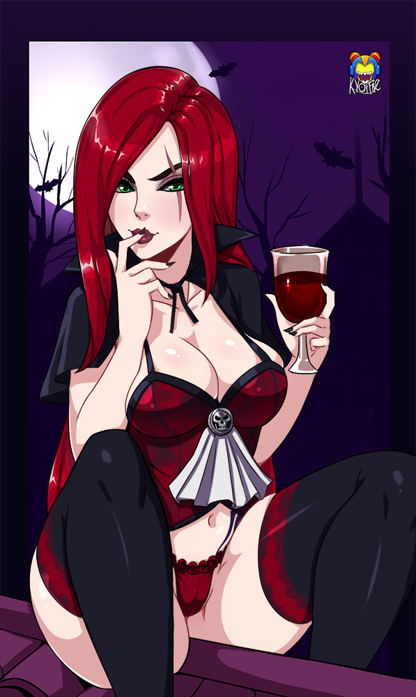 aroused, breasts, cameltoe, choker, cleavage, corset, deep cleavage, female, female only, g-string, green eyes, katarina du couteau, kyoffie, large breasts, league of legends, lingerie, long hair, panties, pussy, red hair, red lingerie, solo, stockings, thighhighs