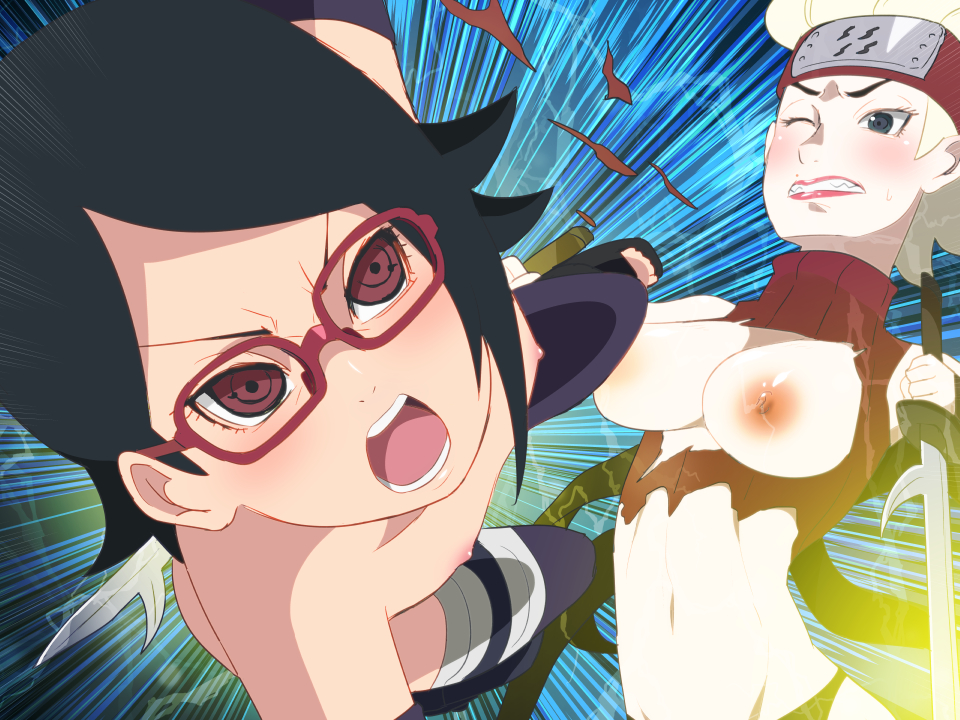 2017, 2girls, black hair, blonde hair, blush, boruto: naruto next generations, breasts, buntan kurosuki, clenched teeth, clothes, collar, exposed breasts, eyebrows, eyelashes, female, flat chest, glasses, hair, human, kurosuki buntan, lips, megane, multiple females, multiple girls, naruto, naruto (series), ninja, nipples, ripped clothing, sarada uchiha, sharingan, shiny, shiny skin, short hair, sword, teeth, tongue, torn clothes, uchiha sarada, weapon, wink