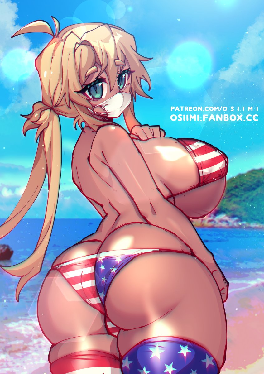 1girls, american flag, american flag bikini, american flag legwear, ass, back, beach, big ass, big breasts, big butt, bikini, blonde hair, breasts, child bearing hips, curvy, dark skin, dark-skinned female, facemask, female, huge ass, huge breasts, looking back, mask, osiimi, sideboob, swimsuit, tan, tan skin, thick thighs, thighhighs, twintails