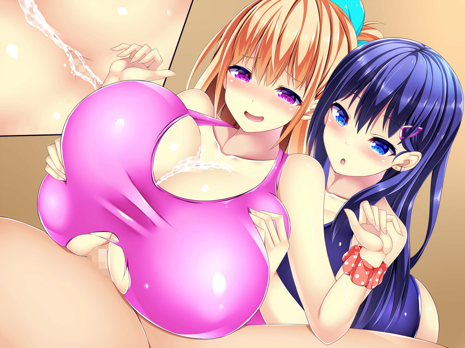 1boy, 2girls, assisted paizuri, blonde hair, blue eyes, blush, breast grab, breast squeeze, breasts, censored, collarbone, cross section, cum, cum on breasts, ejaculation between breasts, female, fujimiya yahiro, hair ornament, hairclip, huge breasts, male, multiple females, multiple girls, one-piece swimsuit, open mouth, original, paizuri, paizuri under clothes, penis, purple eyes, purple hair, sundress, torn clothes, yahiro (anhnw)