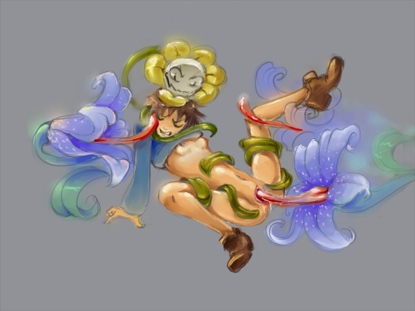 breasts, clothed rape, female, flower, flowey the flower, frisk, licking, plant, pussy, rape, sex, tentacle, tentacle sex, undertale, vaginal penetration, vines