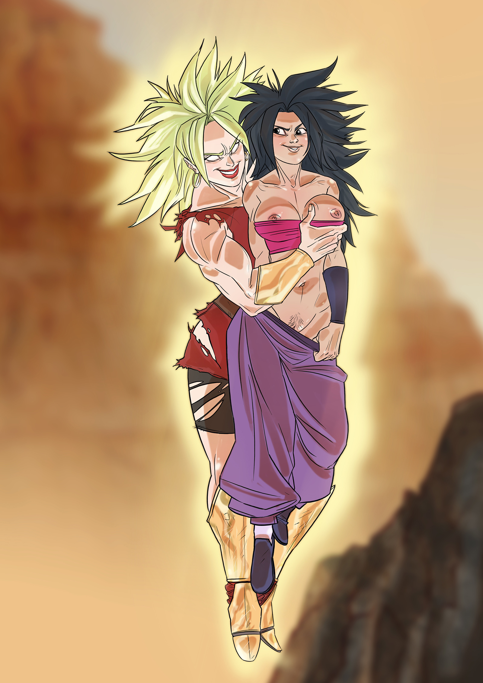 2girls, boots, breast grab, breasts, caulifla, dragon ball, dragon ball super, duo, earrings, female, female only, green hair, kale, kale (berserker), legendary super saiyan, light skin, light-skinned female, lipstick, long hair, multiple females, multiple girls, navel, nipple slip, nipples, pants pulled down, pubic hair, pussy, saiyan, short hair, smile, spiky hair, super saiyan, torn clothes, vulva, yuri
